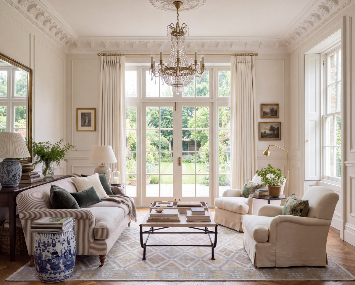 Milly blue and green geometric Oushak area rug styled in an elegant traditional living room with neutral furniture and classic decor.