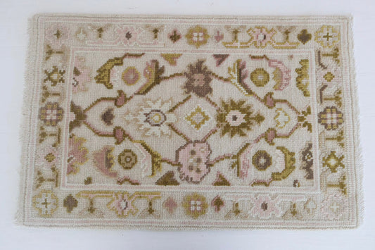 Hand-knotted embossed Oushak rug in blush, olive, and cream tones – Olive Mini by Locust Lane Rugs