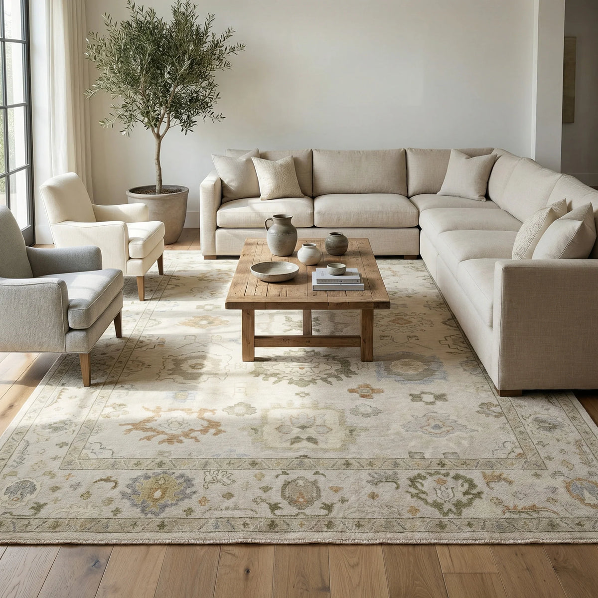 Patsy neutral Modern Oushak rug styled in an elegant living room