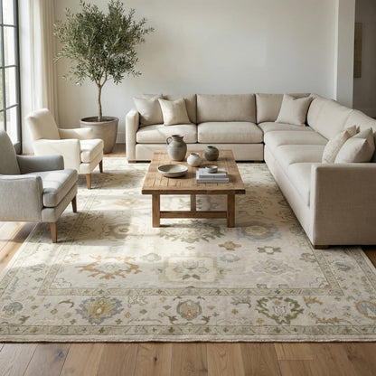 Patsy neutral Modern Oushak rug styled in an elegant living room