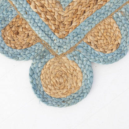 Handwoven 100% jute rug with natural field, frost blue scalloped edge, and protective cotton backing – Frost Blue Scalloped Edge Jute Rug by Locust Lane Rugs
