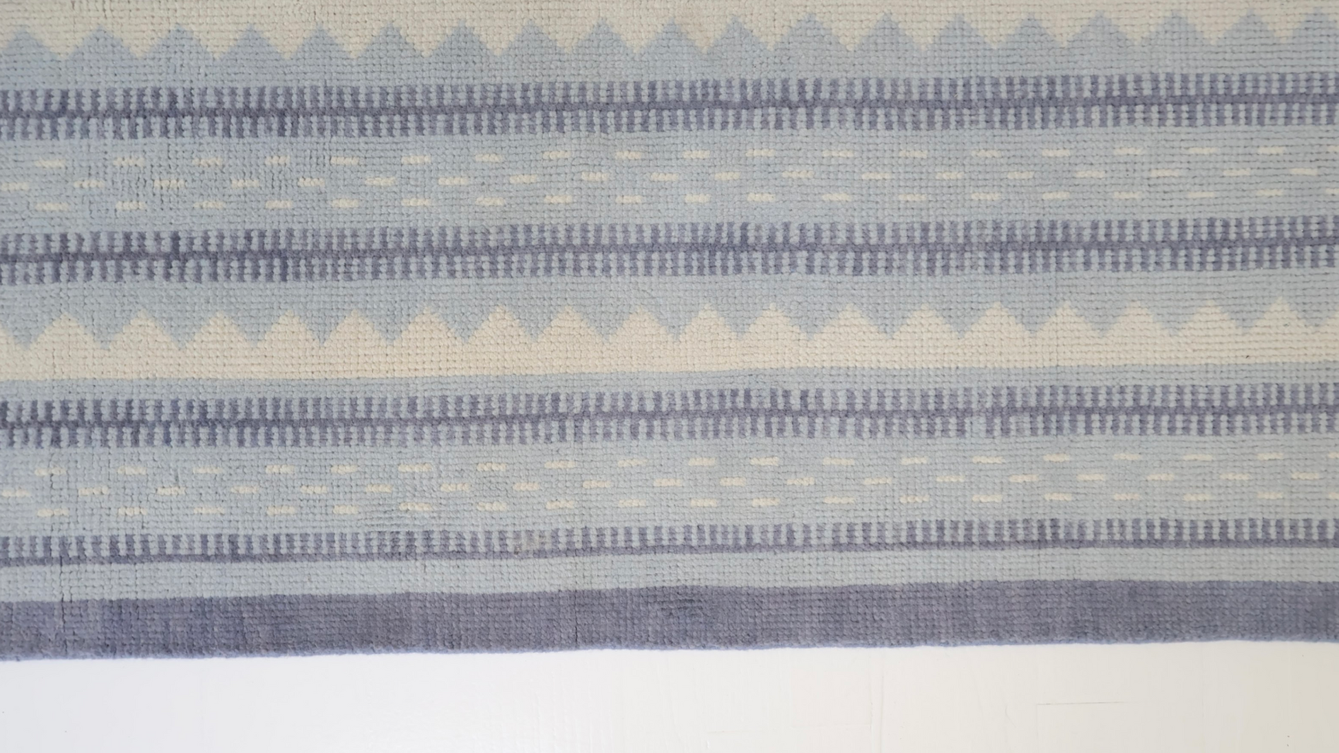 Blue and ivory striped rug with modern Oushak geometric detailing — Heritage Stripe Blue Modern Oushak Rug by Locust Lane Rugs