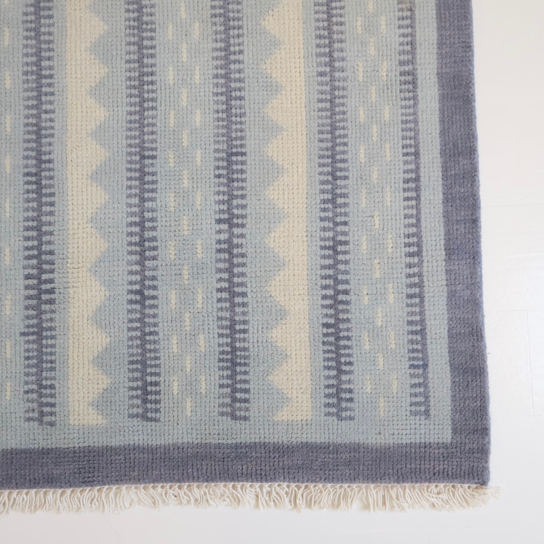 Blue and ivory striped rug with modern Oushak geometric detailing — Heritage Stripe Blue Modern Oushak Rug by Locust Lane Rugs