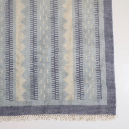 Blue and ivory striped rug with modern Oushak geometric detailing — Heritage Stripe Blue Modern Oushak Rug by Locust Lane Rugs