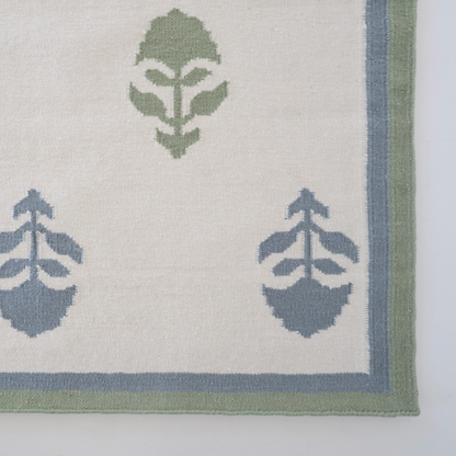 Flatweave rug with blue and green floral motifs and coordinating border, reversible construction — Cottage Floral Blue & Green Rug by Locust Lane Rugs