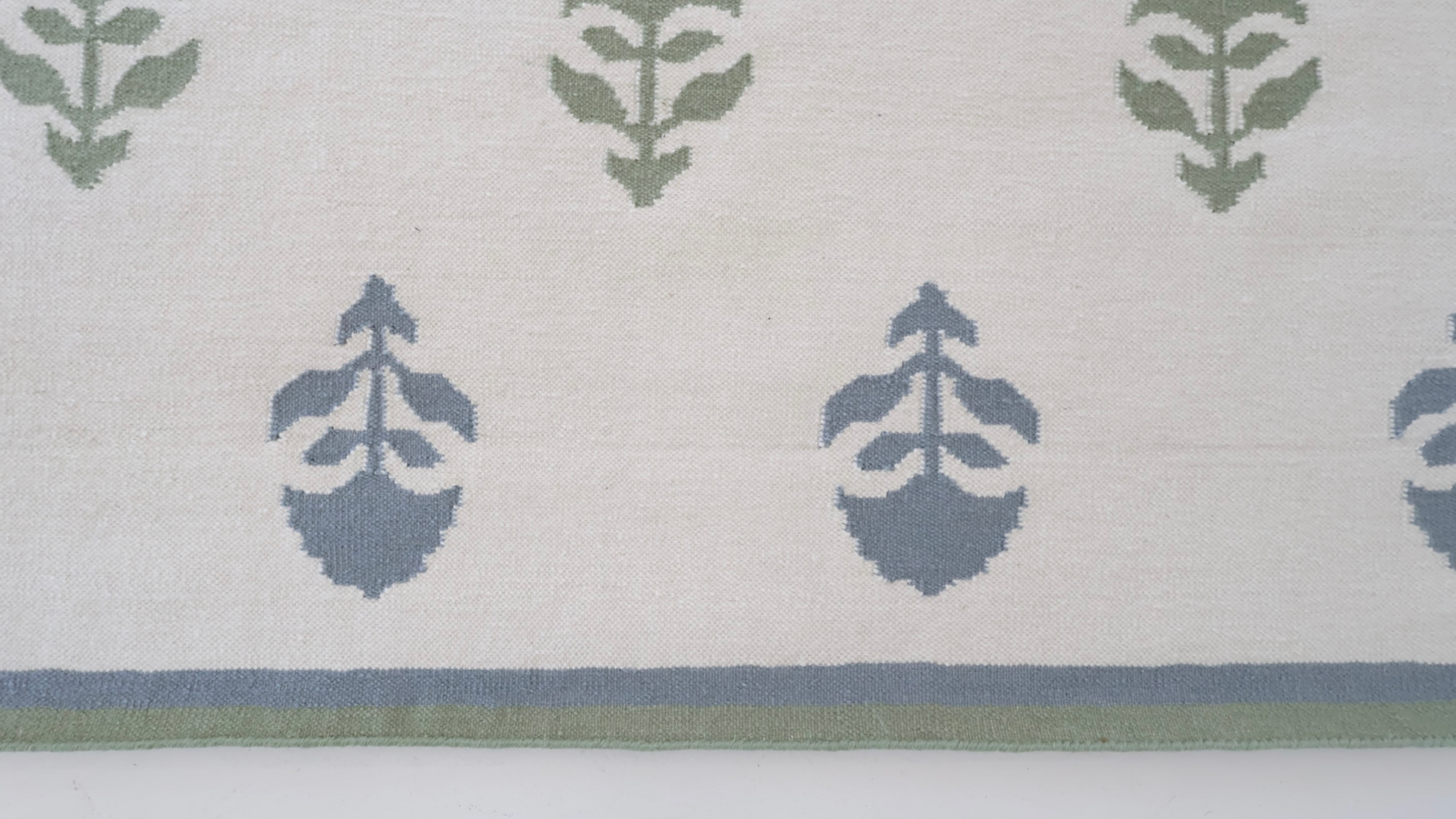 Flatweave rug with blue and green floral motifs and coordinating border, reversible construction — Cottage Floral Blue & Green Rug by Locust Lane Rugs