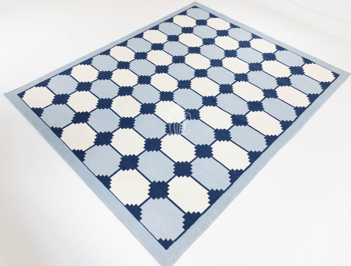 Navy & White Flatweave Dhurrie Rug