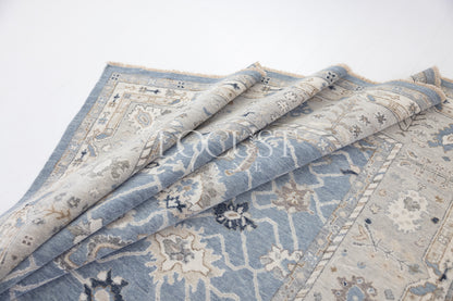 soft blue and neutral tone hand knotted rug