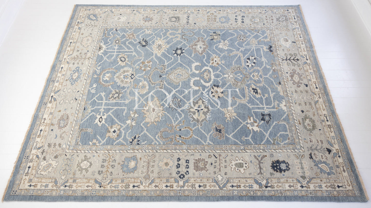 soft blue and neutral tone hand knotted rug