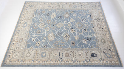 soft blue and neutral tone hand knotted rug