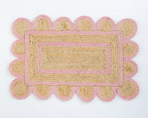 Jinky Rugs Bright Pink Scalloped Jute Mini Rug | Hand-Braided Natural Jute ...