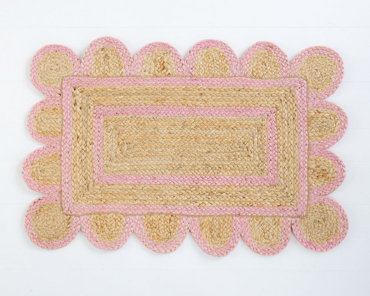 Bright Pink Scalloped Jute Mini Rug | Hand-Braided Natural Jute ...