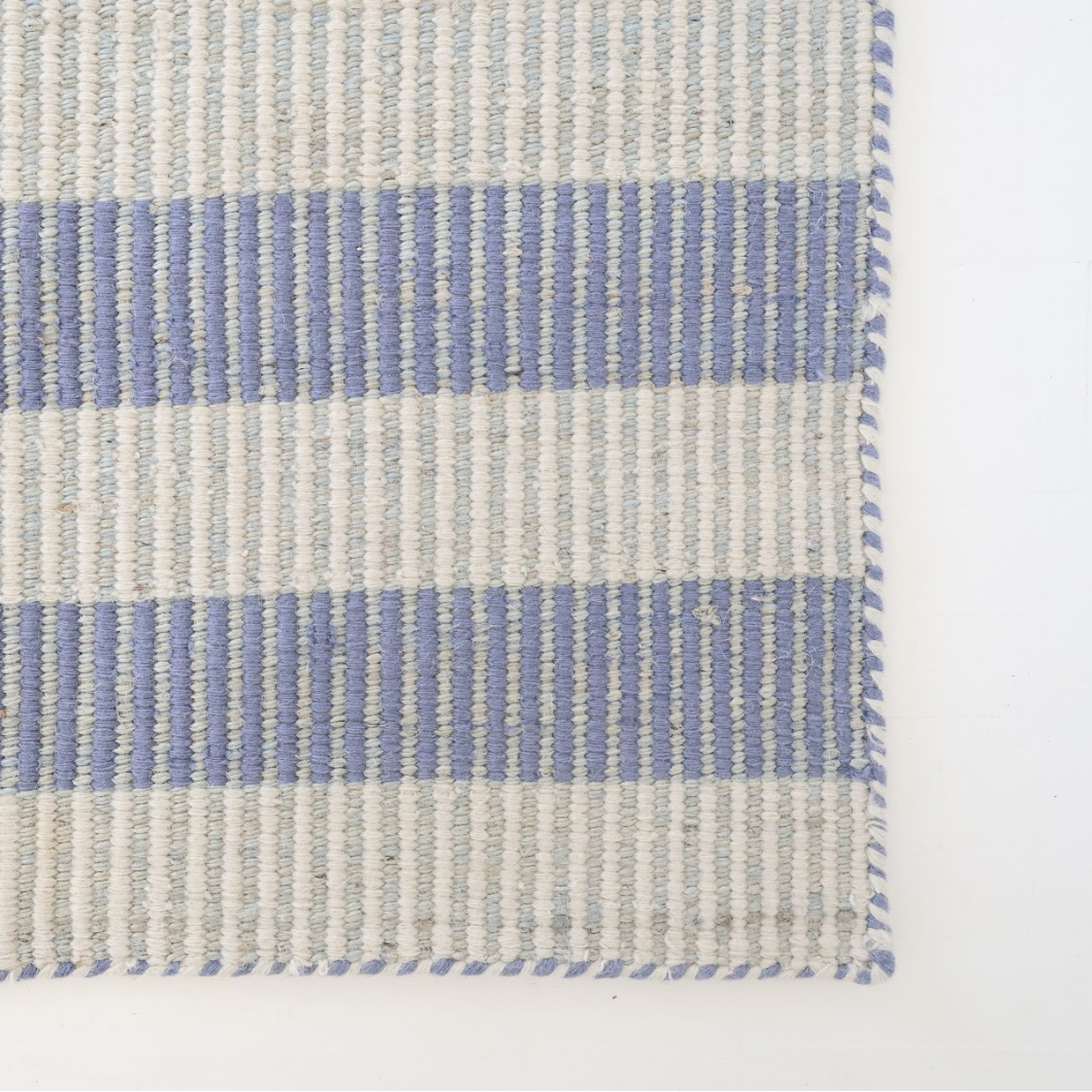 Handwoven blue and ivory striped rug made from natural jute and wool – Broken Stripe Blue Jute and Wool Rug by Locust Lane Rugs