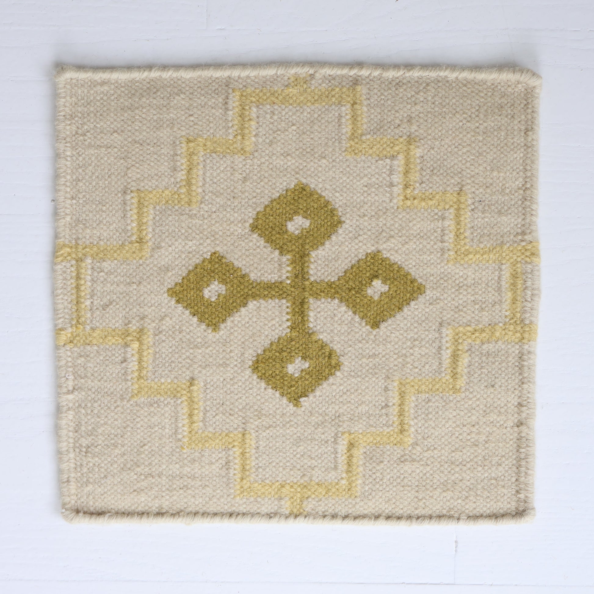 Handwoven wool rug sample in butter yellow and cream geometric pattern – Butter Yellow Flatweave Sample by Locust Lane Rugs
