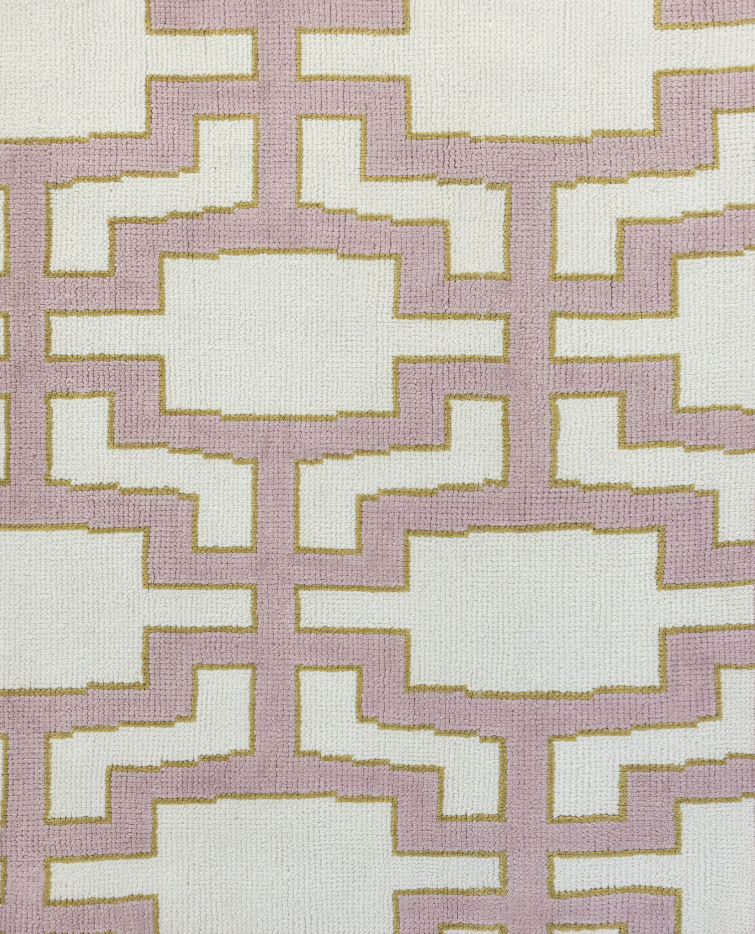 Hand-knotted wool rug with geometric Modern Oushak pattern in pink, ivory, and golden accents – Ella Modern Oushak Rug by Locust Lane Rugs