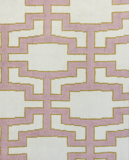 Hand-knotted wool rug with geometric Modern Oushak pattern in pink, ivory, and golden accents – Ella Modern Oushak Rug by Locust Lane Rugs