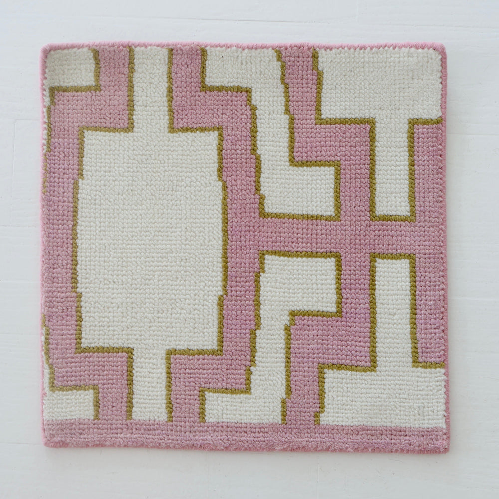 Hand-knotted Oushak rug sample in pink, ivory, and golden ochre geometric pattern – Ella Rug Sample by Locust Lane Rugs