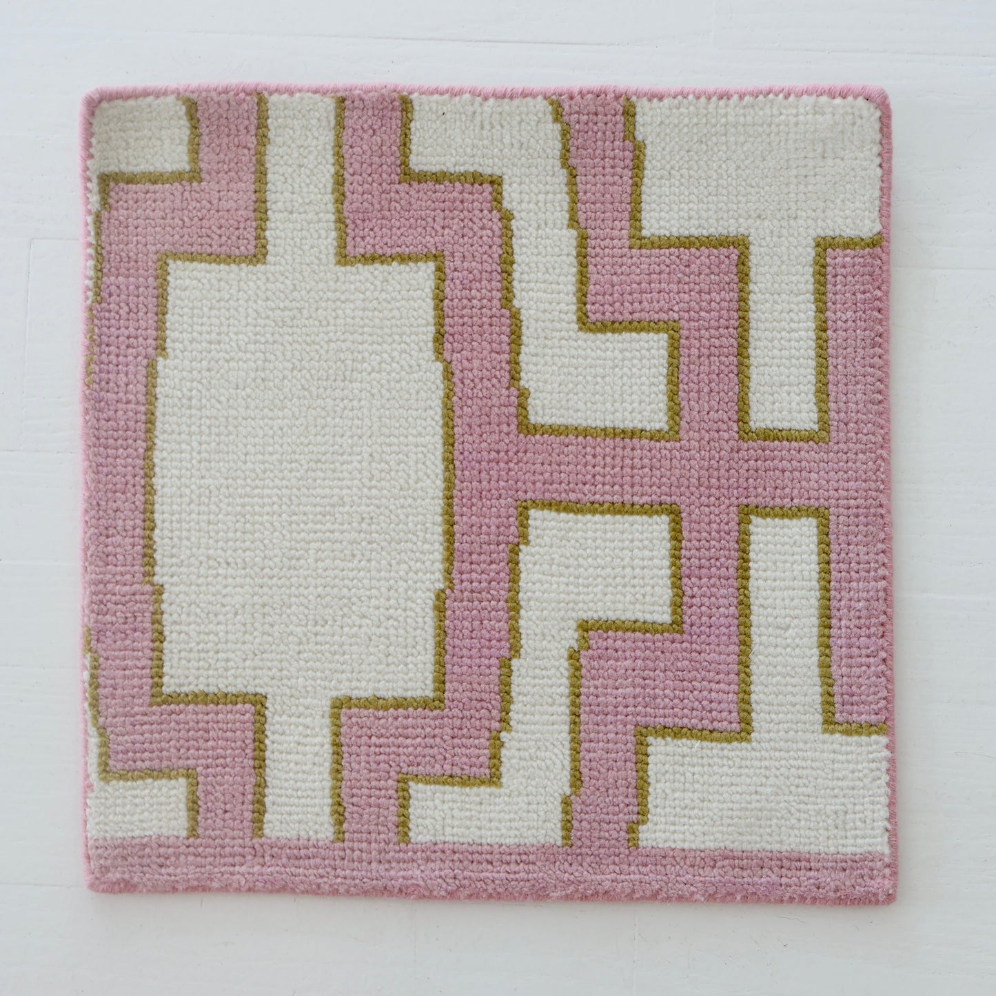 Hand-knotted Oushak rug sample in pink, ivory, and golden ochre geometric pattern – Ella Rug Sample by Locust Lane Rugs