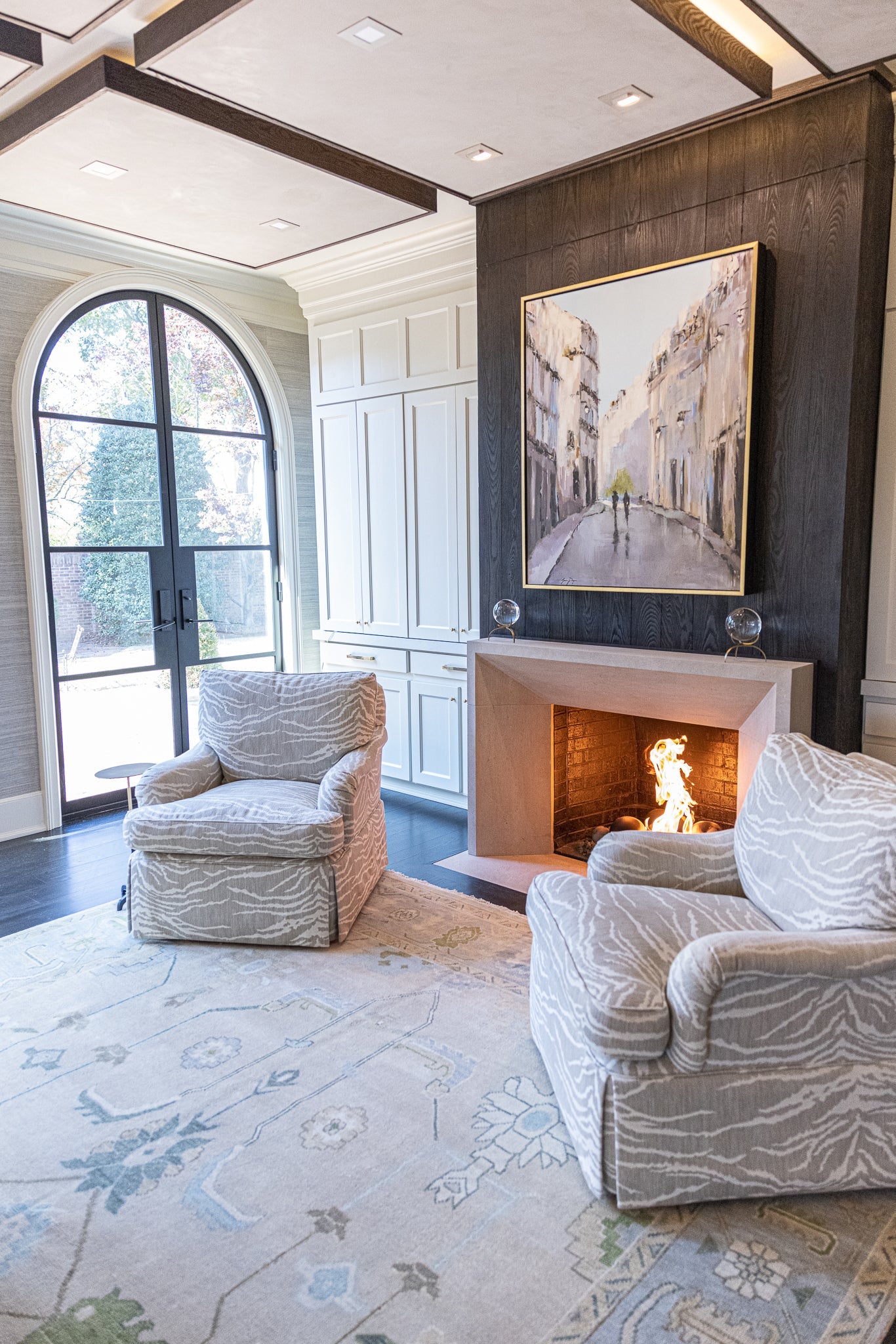 Fiona hand-knotted modern Oushak rug styled in a living room