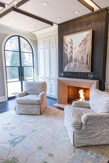 Fiona hand-knotted modern Oushak rug styled in a living room