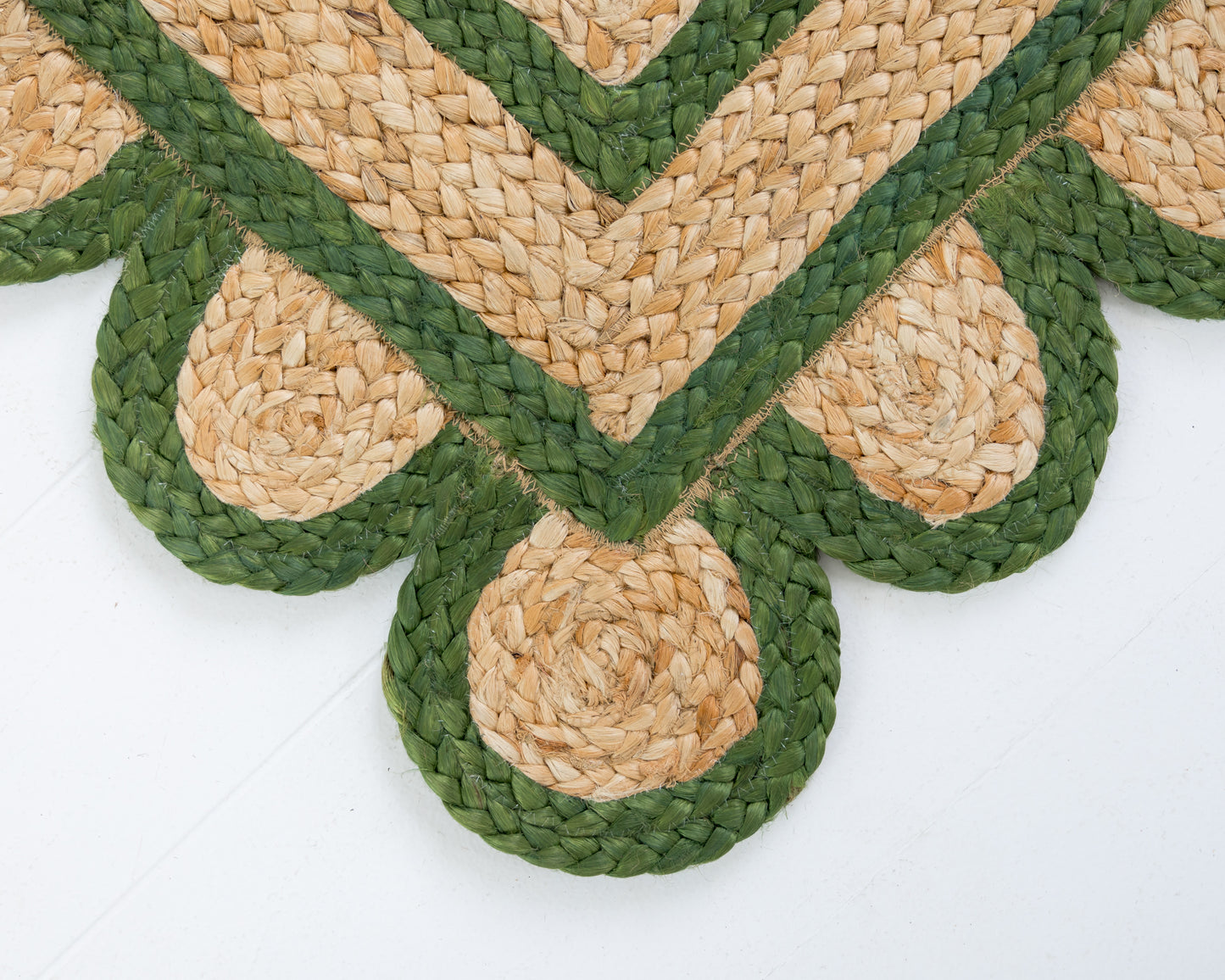 Handwoven 100% jute rug with natural field, forest green scalloped edge, and protective cotton backing – Forest Green Scalloped Edge Jute Rug by Locust Lane Rugs