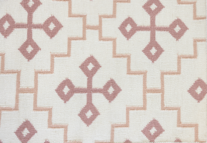 French Rose Flatweave Rug with a dusty rose geometric pattern handwoven from 100% wool on an ivory background.