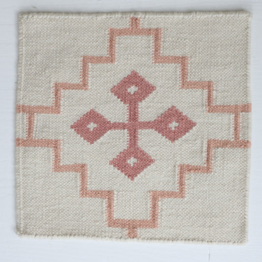 Handwoven wool rug sample in blush and cream geometric pattern – French Rose Flatweave Sample by Locust Lane Rugs