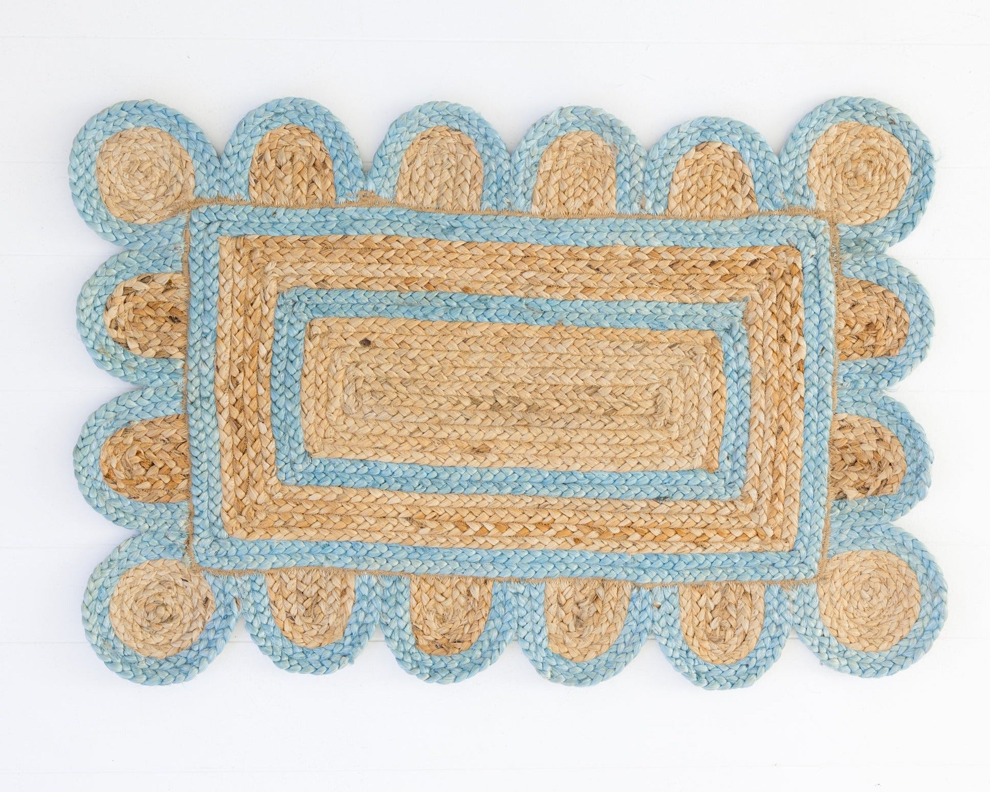 Frost Blue Scalloped Jute Mini Rug | Hand-Braided Natural Jute | Locust ...
