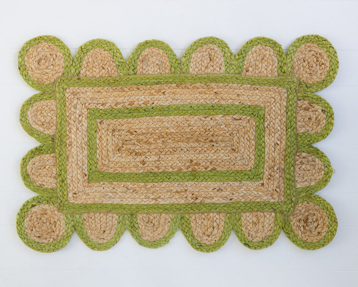 Grass Green Scalloped Jute Mini Rug | Hand-Braided Natural Jute ...