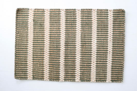 Holiday Green Jute & Wool Mini Rug featuring handwoven green stripes with natural jute and wool fibers.