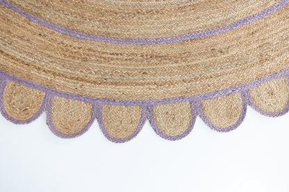 Handwoven 100% jute rug with natural field, lilac scalloped edge, and protective cotton backing – Lilac Scalloped Edge Jute Rug by Locust Lane Rugs
