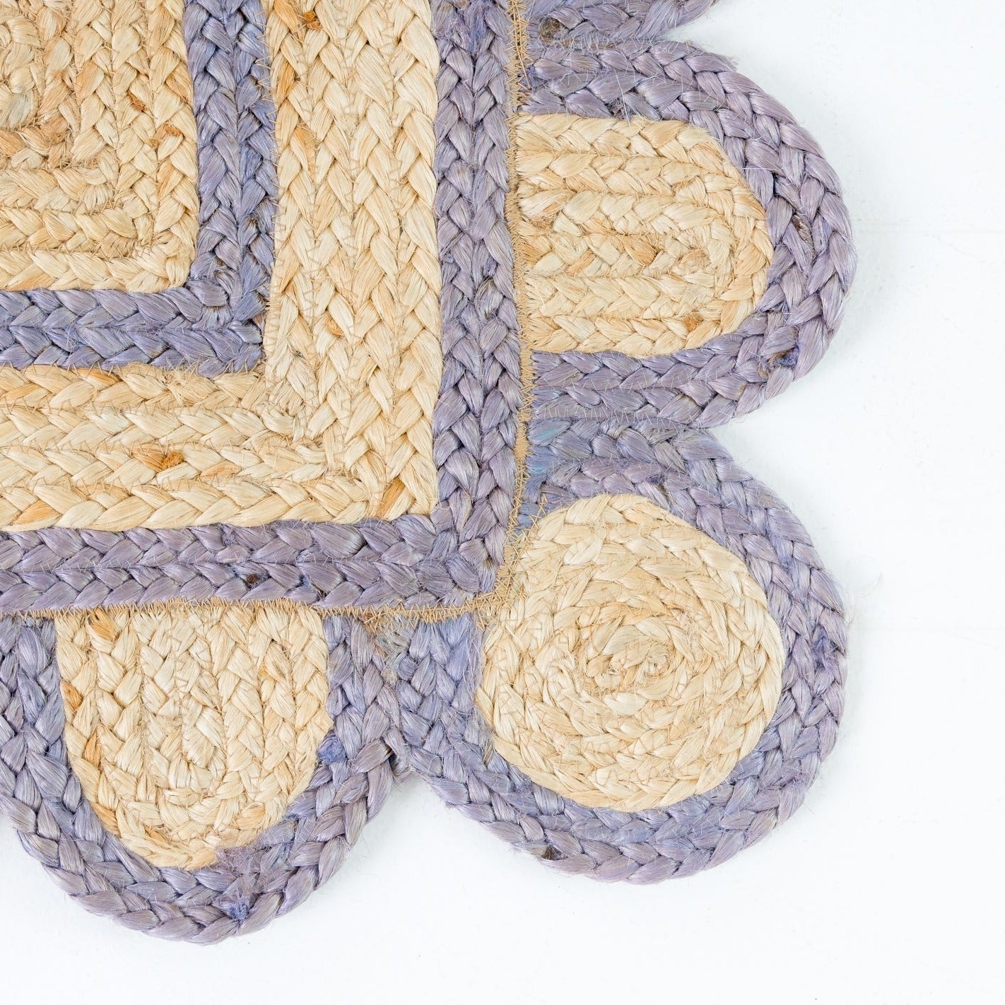 Handwoven 100% jute rug with natural field, lilac scalloped edge, and protective cotton backing – Lilac Scalloped Edge Jute Rug by Locust Lane Rugs