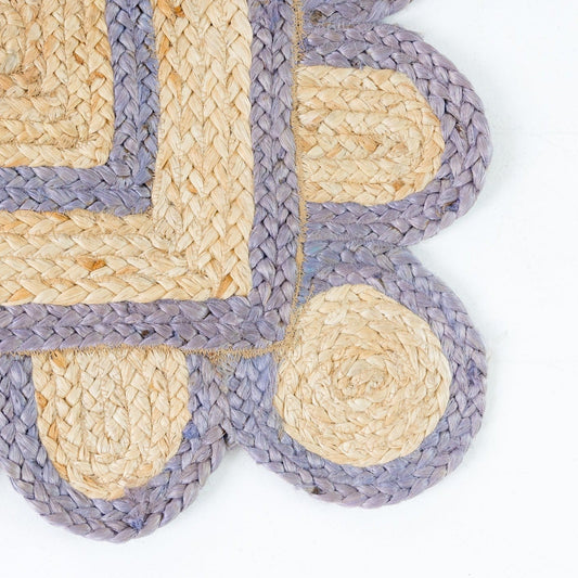 Handwoven 100% jute rug with natural field, lilac scalloped edge, and protective cotton backing – Lilac Scalloped Edge Jute Rug by Locust Lane Rugs