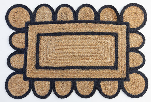Hand-braided natural jute rug with navy scalloped border and rectangular center – Navy Scalloped Jute Mini Rug by Locust Lane Rugs