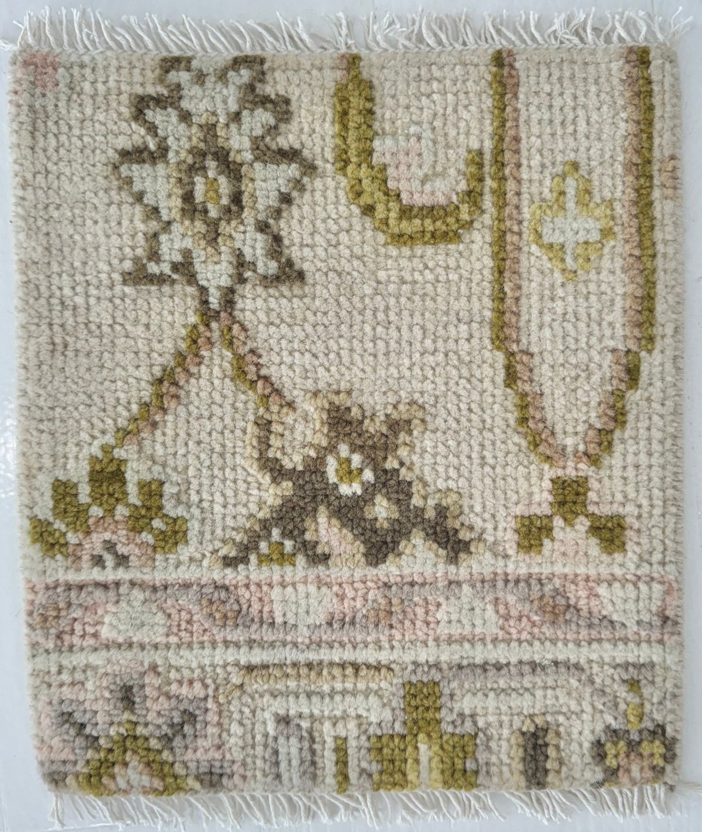 Handknotted wool rug sample in green, blush, and ivory floral pattern – Olive Rug Sample by Locust Lane Rugs