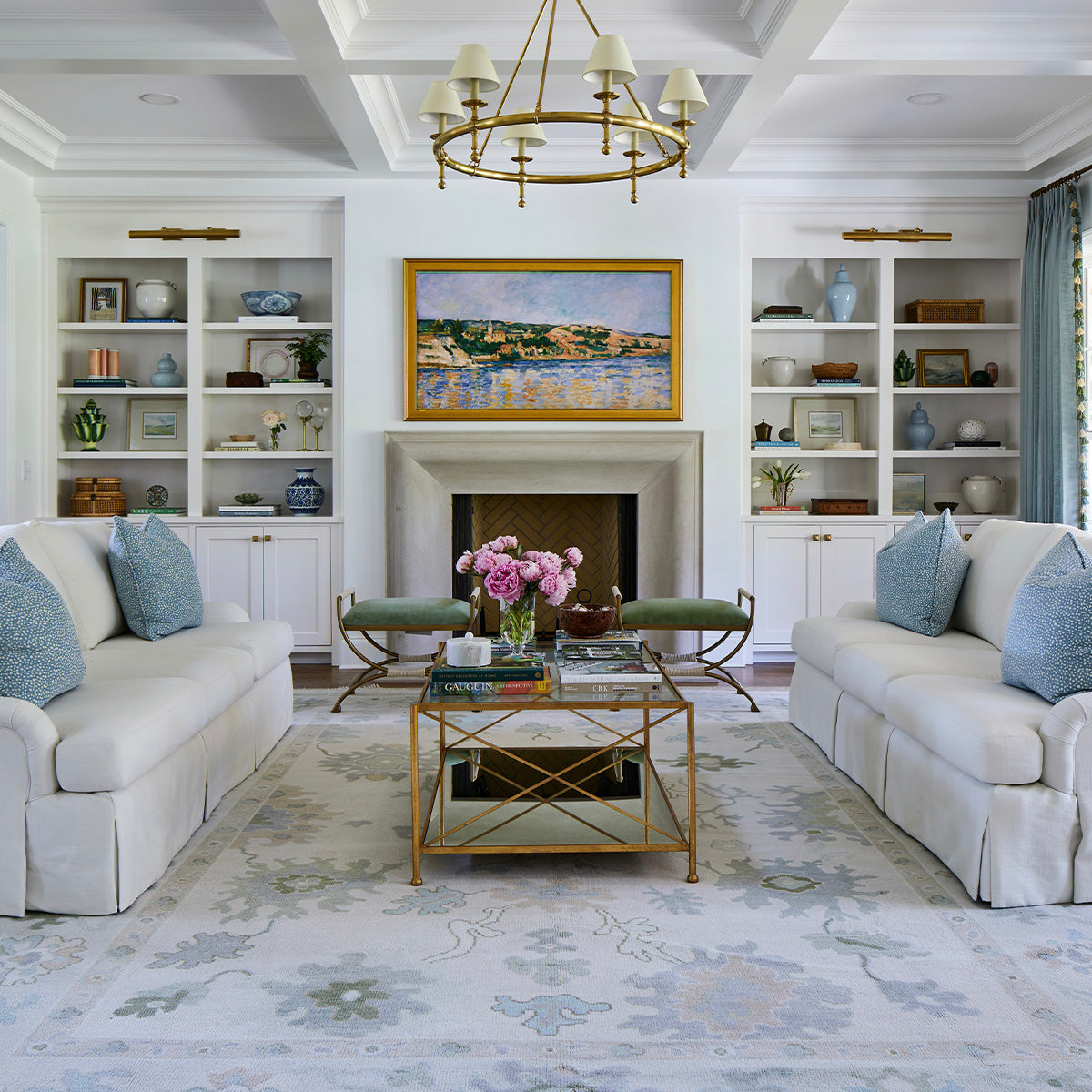 Opal hand-knotted modern Oushak rug styled in a neutral living room