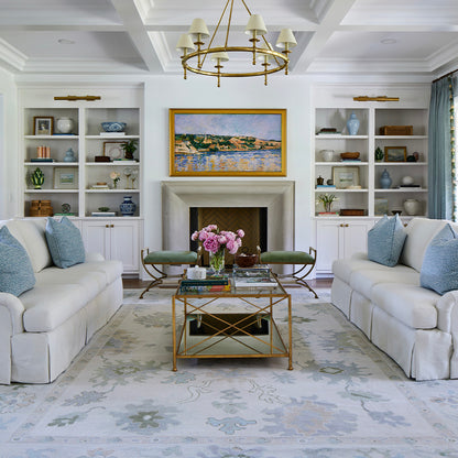 Opal hand-knotted modern Oushak rug styled in a neutral living room