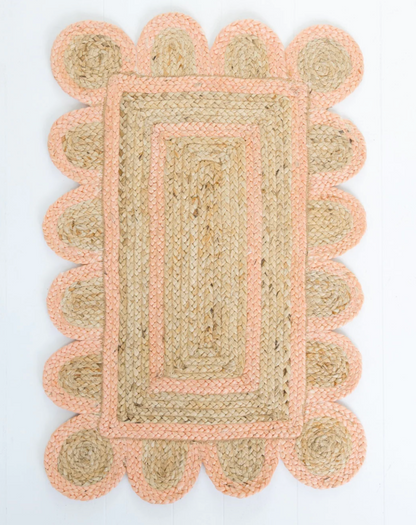Handwoven 100% jute rug with natural field, peach scalloped edge, and protective cotton backing – Peach Scalloped Edge Jute Rug by Locust Lane Rugs