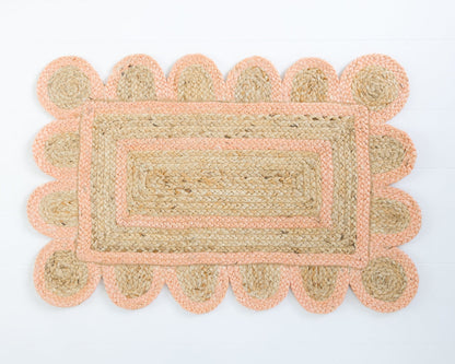 Hand-braided natural jute rug with scalloped border in soft peach – Peach Scalloped Jute Mini Rug by Locust Lane Rugs