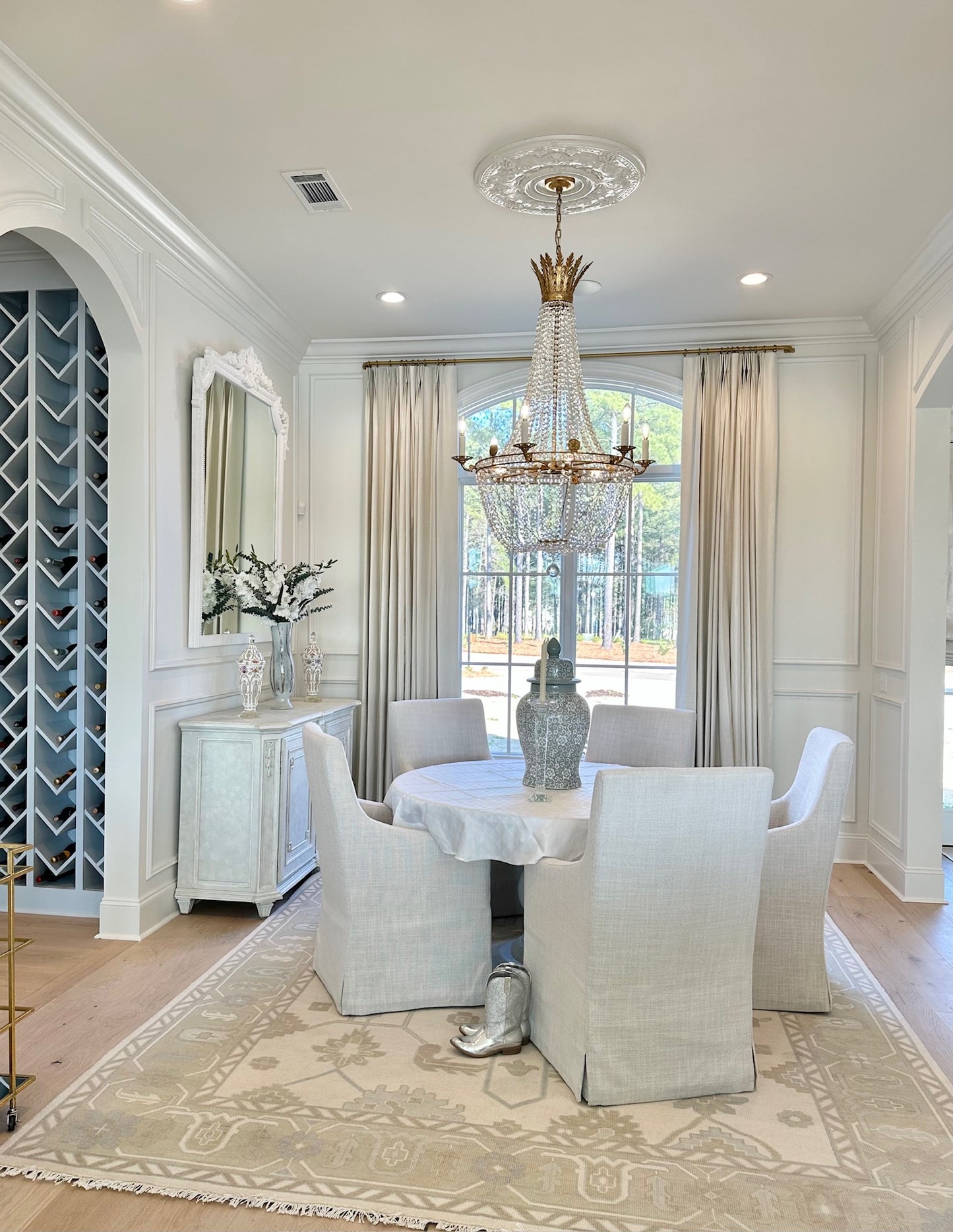 Pearl hand-knotted modern Oushak rug in a beautifully styled interior
