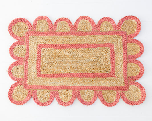 Hand-braided natural jute rug with coral scalloped border and rectangular center – Poppy Scalloped Jute Mini Rug by Locust Lane Rugs