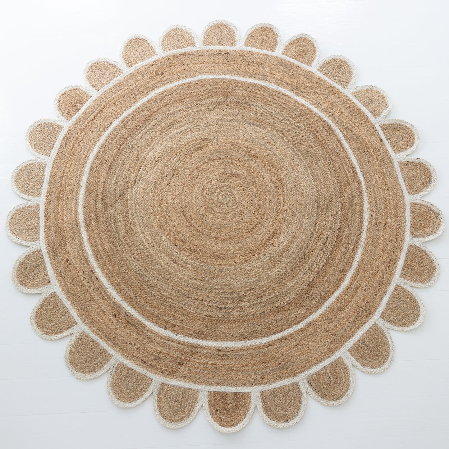 Handwoven 100% jute rug with natural texture, white scalloped edge, and protective cotton backing – White Scalloped Edge Jute Rug by Locust Lane Rugs