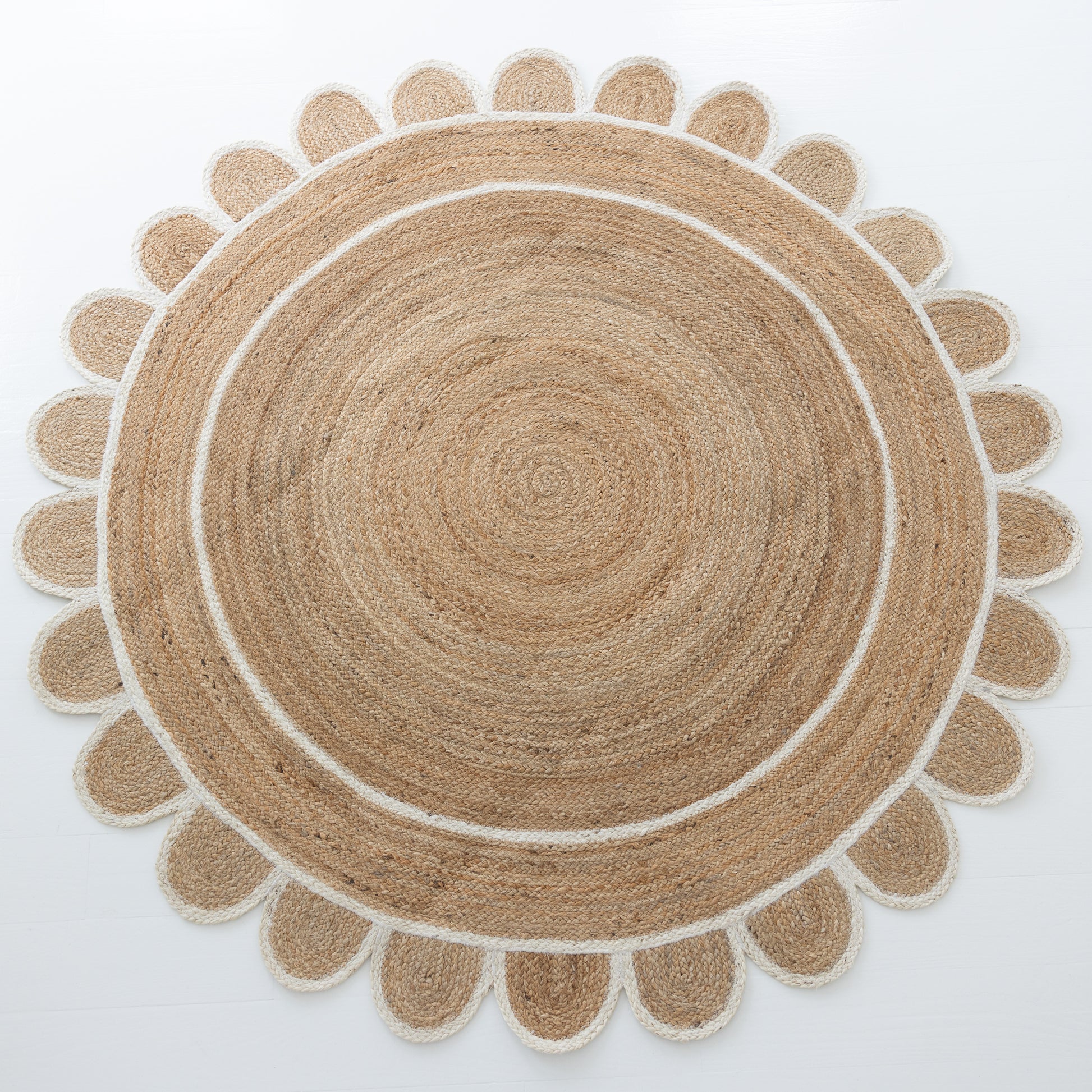 Handwoven 100% jute rug with natural texture, white scalloped edge, and protective cotton backing – White Scalloped Edge Jute Rug by Locust Lane Rugs