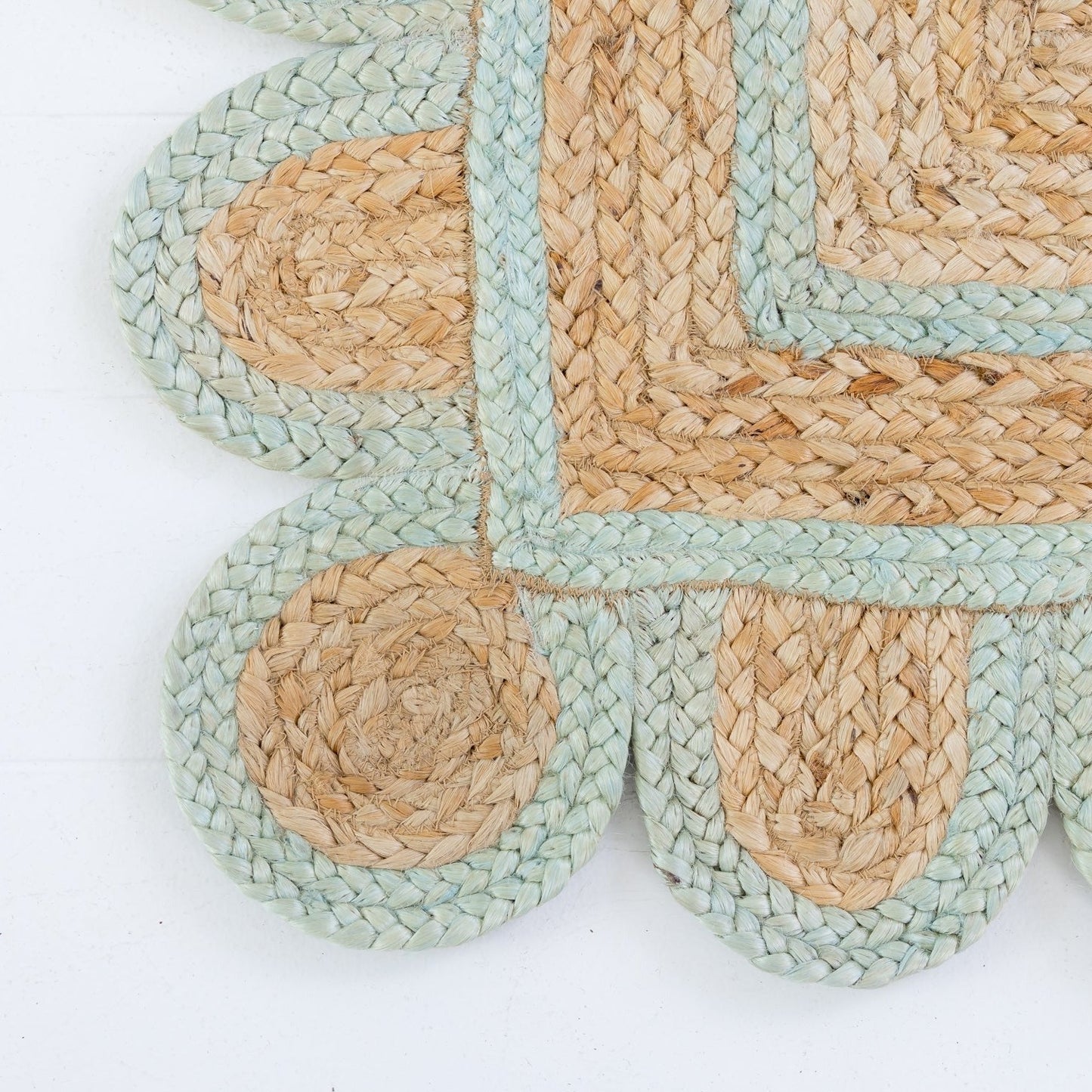 Handwoven jute and wool rug with natural field, sea blue scalloped border, and protective cotton backing – Sea Blue Scalloped Edge Rug by Locust Lane Rugs