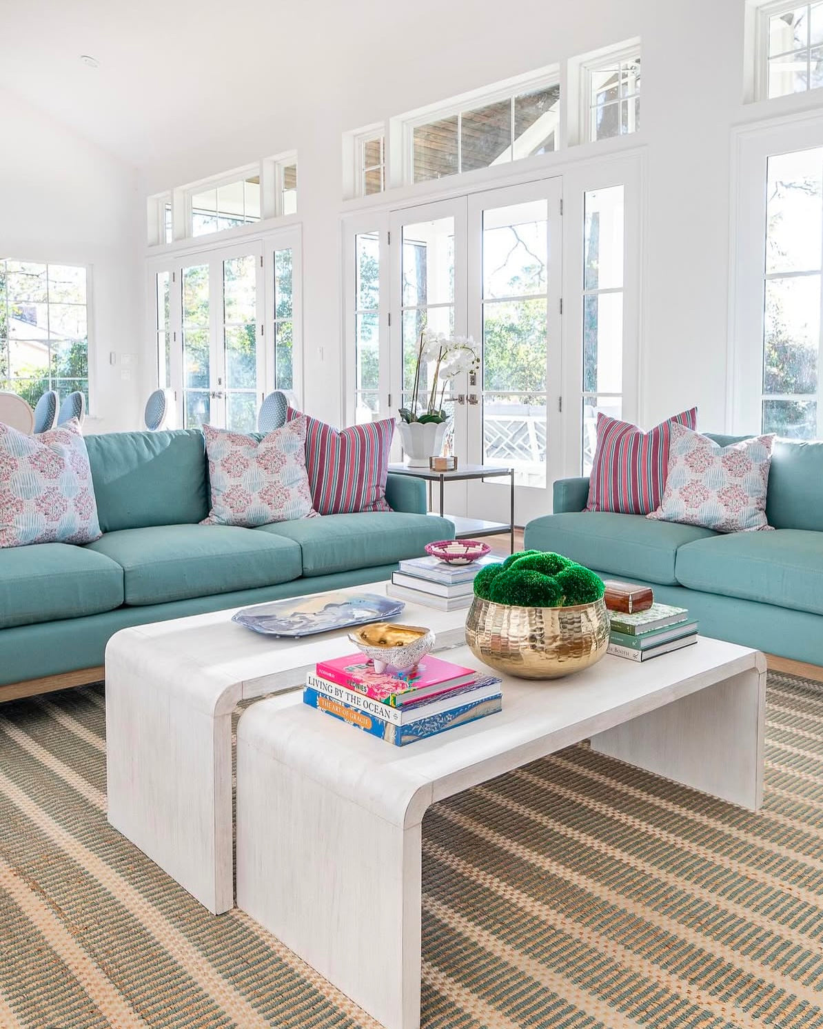 Handwoven jute and wool rug with sea blue, ivory, and natural stripes – Sea Blue Jute & Wool Rug by Locust Lane Rugs