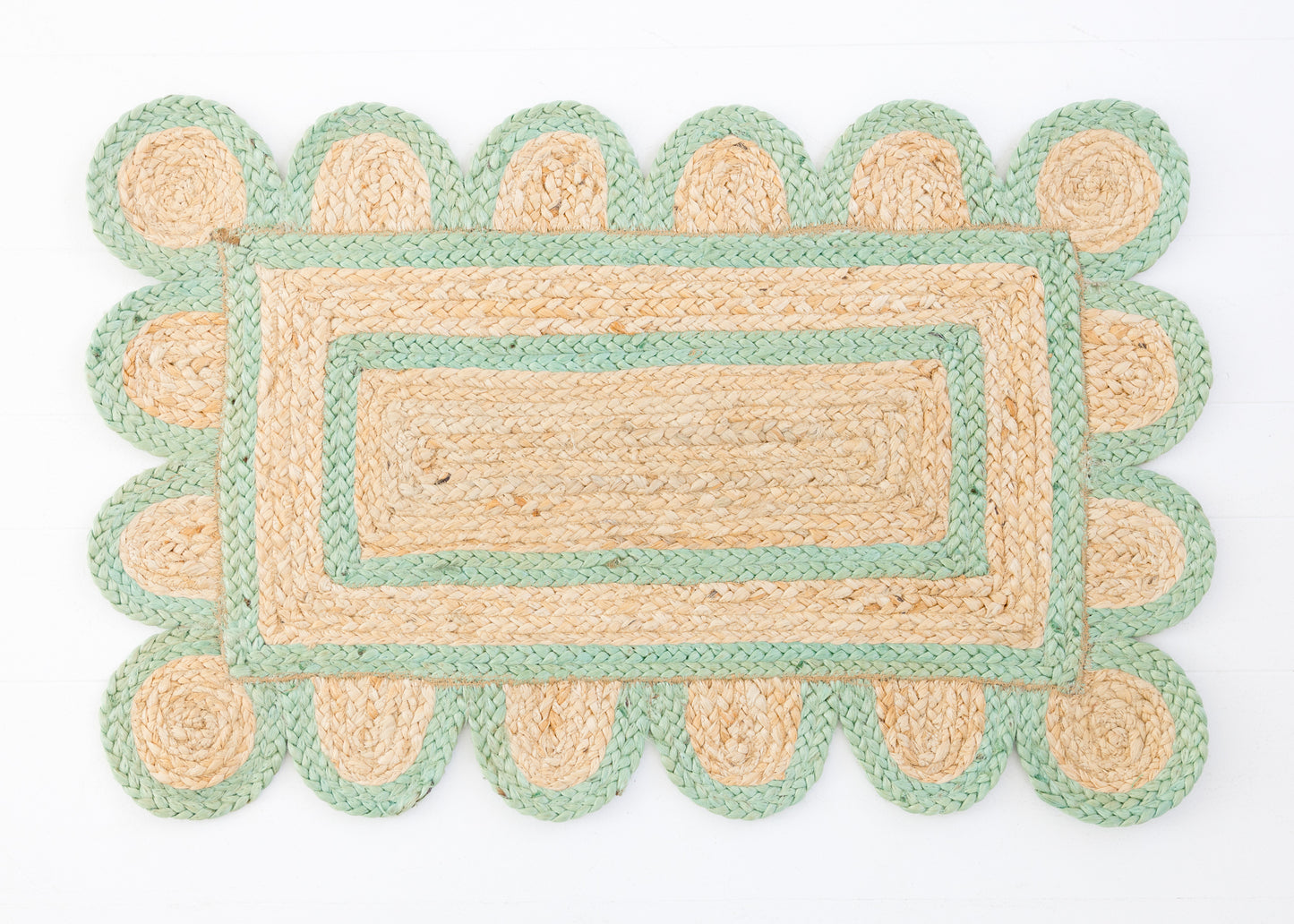 Handwoven 100% jute rug with natural field, teal green scalloped edge, and protective cotton backing – Teal Green Scalloped Edge Jute Rug by Locust Lane Rugs