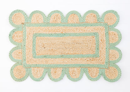 Handwoven 100% jute rug with natural field, teal green scalloped edge, and protective cotton backing – Teal Green Scalloped Edge Jute Rug by Locust Lane Rugs