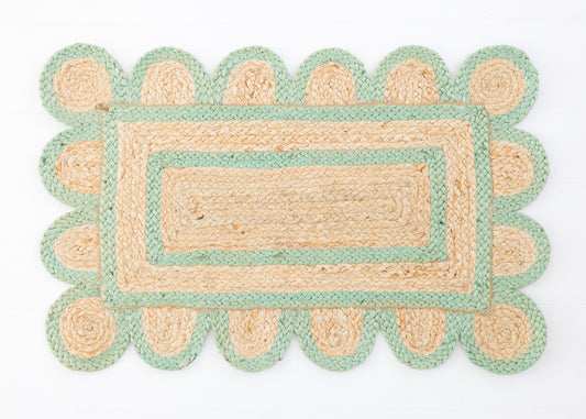 Hand-braided natural jute rug with soft teal scalloped border and rectangular center – Teal Scalloped Jute Mini Rug by Locust Lane Rugs