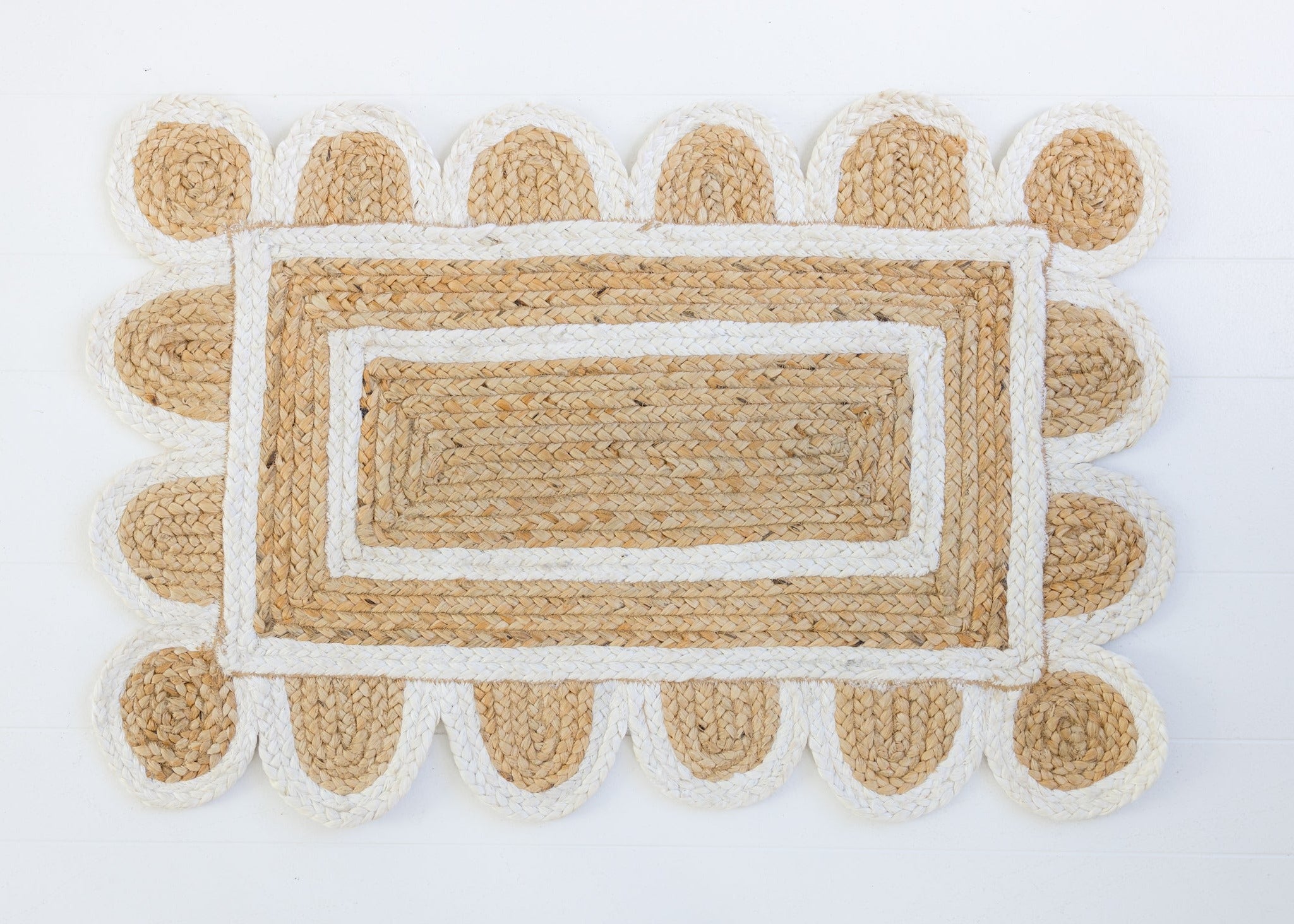 White Scalloped Jute Mini Rug | Hand-Braided Natural Jute | Locust Lane ...