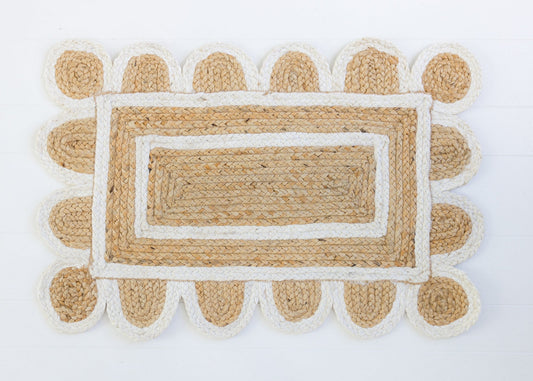 Hand-braided natural jute rug with white scalloped border and rectangular center – White Scalloped Jute Mini Rug by Locust Lane Rugs